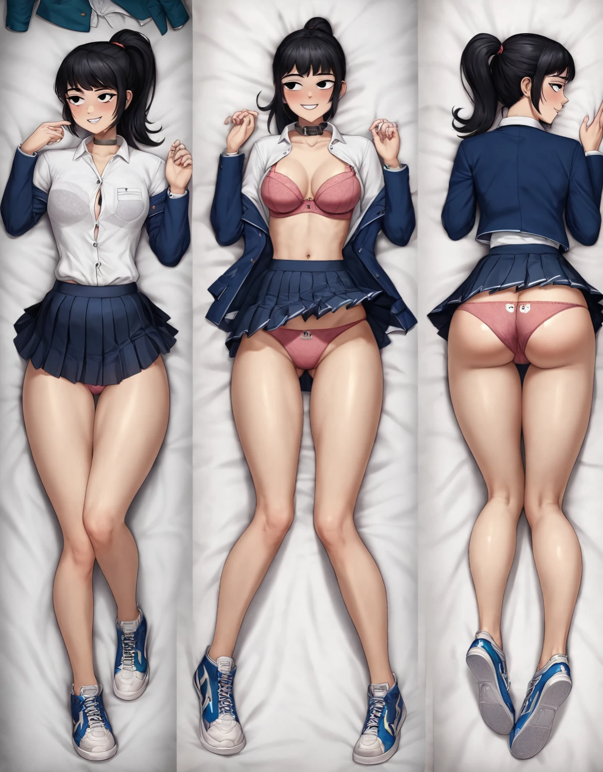 ((Highest quality)), ((masterpiece)), (detailed), (((Perfect Face))), ((A slim 16-year-old girl)), (((A girl wearing a short, tight navy blue jacket, White button-up shirt))), (((Dark blue pleated skirt))), ((Black Hair)), ((Black slanted eyes)), ((ponytail)), (((Are thin))),(((A shy smile))), ((Thin thighs)), ((Thin ????)), (((girl looking away))), (((Teenage students in suits))), (((Empty Collar))), (((???? thighs))), (((Wear sneakers)))、{{{Back view}}}, (((Flip up the skirt)))、(((Showing panties)))、(((Turn your ????))),(((Body pillow))), (((Tuck up your shirt))),(((Showing off your bra))),