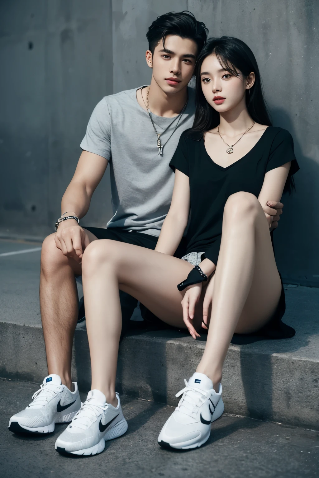 Transcendent handsome boys and super cute gal girls, Couple love, 4K, ighly detailed, Realistic, Necklace, Many bracelets, NIKE Shoes, Full body, 25 years old, Photoquality、4Kcorrespondence、 grey theme, Fancy