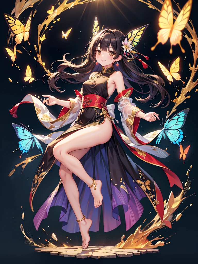 Top quality, official art, very detailed CG unity 8k wallpaper, (wide shot), one girl, (Miyu / Edelfeld), change, black hair, brown eyes, fascinating smile, browsing attention, Barefoot, see-through dress, butterfly, butterfly hair ornament, dress with open back, Chinese clothes, sleeveless, double van, gold dragon print, barefoot, see-through, elbow gloves ， Hair van, hair ornaments, jewelry, earrings, bead ankle