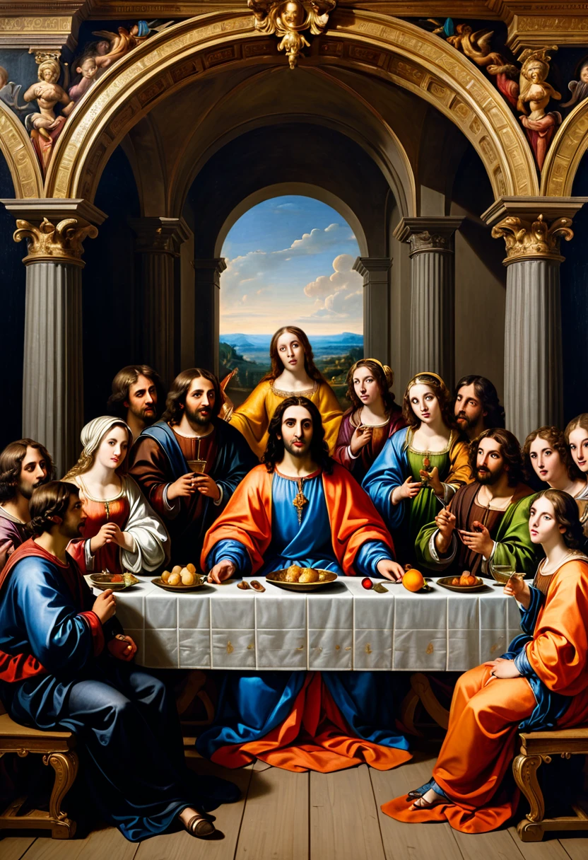 a painting of a group of people sitting on a stage, a renaissance painting by Caesar van Everdingen, shutterstock, renaissance, renaissance religious painting, renaissance religious art, baroque oil painting, art style of noel coypel, last supper composition, detailed baroque oil painting, symmetrical baroque painting, trinity, baroque painting, kent monkman, thomas cole and gustave dore