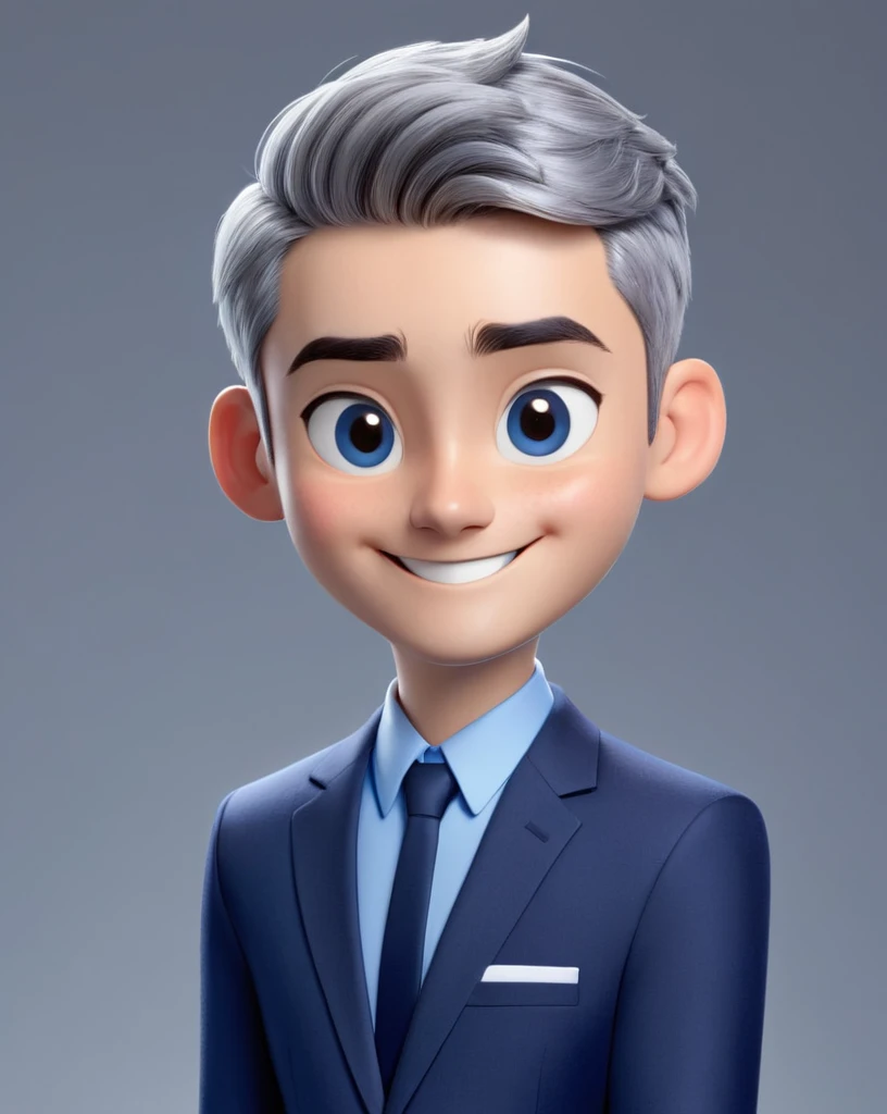 3d cartoon style, 20 years old man, short gray hair, little hair, in a dark blue suit and light blue shirt, no tie, smiling at the camera, foto perfil, commercial shot., face is brightly lit