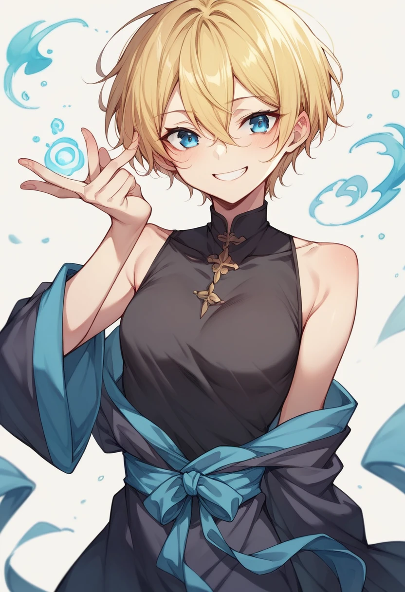 (One girl)、((short hair))、((Blonde))、(Sato Air)、((boyish))、((Small breasts))、Crossdresser、(juvenile)、Blue Eyes、Robe of Black Magic、Black sleeveless、((hairs between eyes))、smile