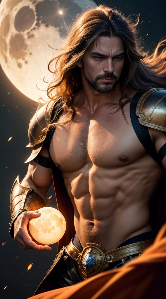 Mature man, Muscular and long haired, Wearing battle armor, A fiery, divine aura radiates from his body., , Moon Background, Surreal, Fantasy, Magic, Intricate details, Elevation, (Dynamic upper body posture: 1.1), Dramatic lighting, Depth of written boundary. Highest quality, masterpiece, Ultra-high resolution, (Anime Realism, Realistic: 1.4), Perfect composition, Centered, Symmetric