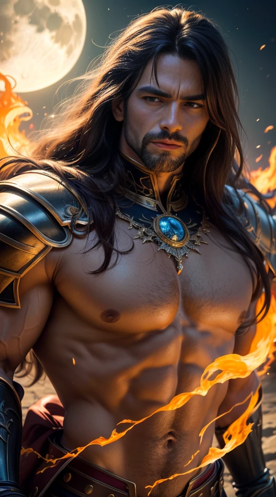 Mature man, Muscular and long haired, Wearing battle armor, A fiery, divine aura radiates from his body., , Moon Background, Surreal, Fantasy, Magic, Intricate details, Elevation, (Dynamic upper body posture: 1.1), Dramatic lighting, Depth of written boundary. Highest quality, masterpiece, Ultra-high resolution, (Anime Realism, Realistic: 1.4), Perfect composition, Centered, Symmetric