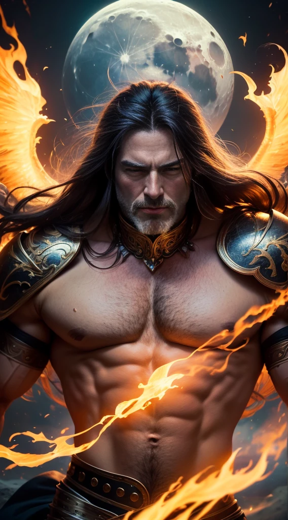 Mature man, Muscular and long haired, Wearing battle armor, Flaming Sword, A fiery, divine aura radiates from his body., , Moon Background, Surreal, Fantasy, Magic, Intricate details, Elevation, (Dynamic upper body posture: 1.1), Dramatic lighting, Depth of written boundary. Highest quality, masterpiece, Ultra-high resolution, (Anime Realism, Realistic: 1.4), Perfect composition, Centered, Symmetric