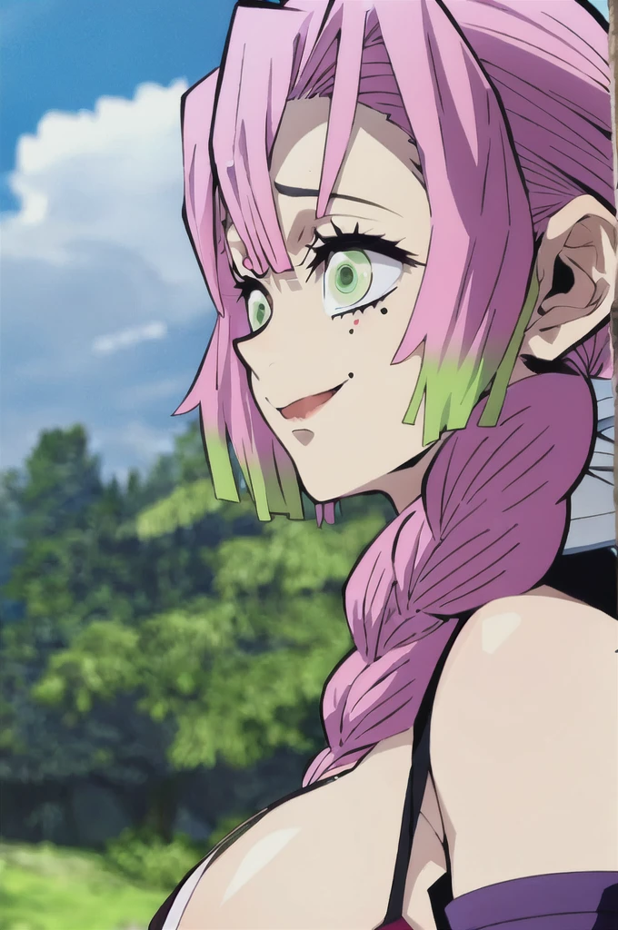 kanroji mitsuri, demon slayer, 1girl, solo, upper body, nature, sky, long hair, smiling, green eyes, pink hair, braid, outdoors, green hair, mole, blurry, twin braids, mole under eye, parody, portrait, demon slayer uniform, large breast, huge breasts, bikini top 