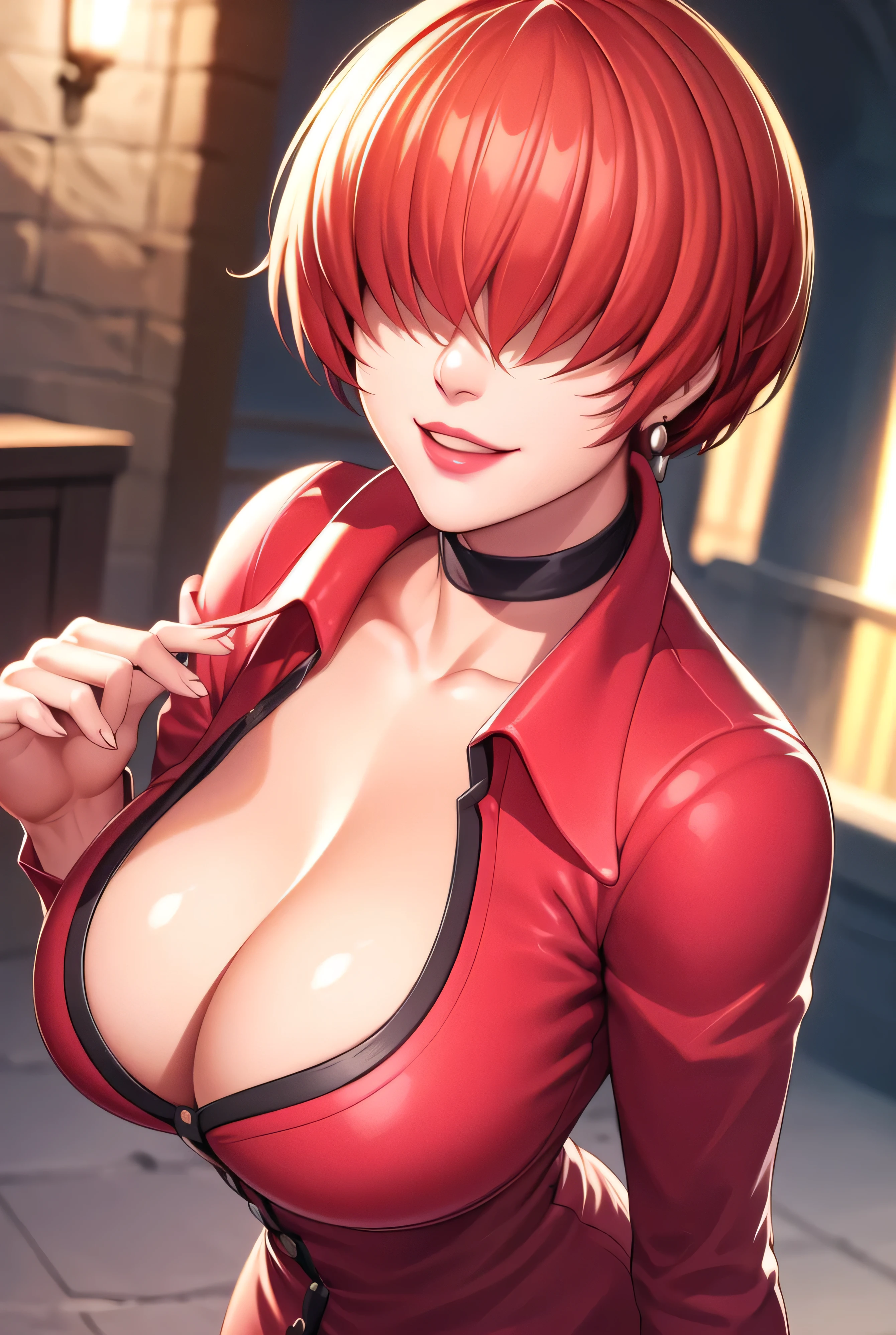 ,
Red outfit,Red jacket,choker, cleavage cutout, clothing cutout, 
earrings,
Red hair,bangs,((hair over eyes)),
1 girl, 20yo,Young female,Beautiful Finger,Beautiful long legs,Beautiful body,Beautiful Nose,Beautiful character design, evil face,
looking down at viewer,(Focus on her face),too evil_Smile,
official art,extremely detailed CG unity 8k wallpaper, perfect lighting,Colorful, Bright_Front_face_Lighting,shiny skin,
(masterpiece:1.0),(best_quality:1.0), ultra high res,4K,ultra-detailed,
photography, 8K, HDR, highres, absurdres:1.2, Kodak portra 400, film grain, , bokeh:1.2, lens flare, (vibrant_color:1.2),professional photograph,
(Beautiful,large_Breasts:1.4), (beautiful_face:1.5),(narrow_waist),conceit,smile worst,worst ridecule,evil moukery,hand on hip,upper body,two hand,