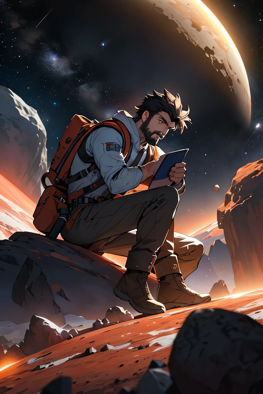 Desenhe um jovem programador, sitting on a research platform floating in the middle of an asteroid belt. He is studying with a notebook, surrounded by several asteroids glowing with fiery auras. Dramatic lighting from distant stars and planets illuminates the scene, casting deep shadows on the costume. O jovem parece confiante e determinado, looking at the vast and mysterious universe with awe and respect,facial hair, cowboy shot,