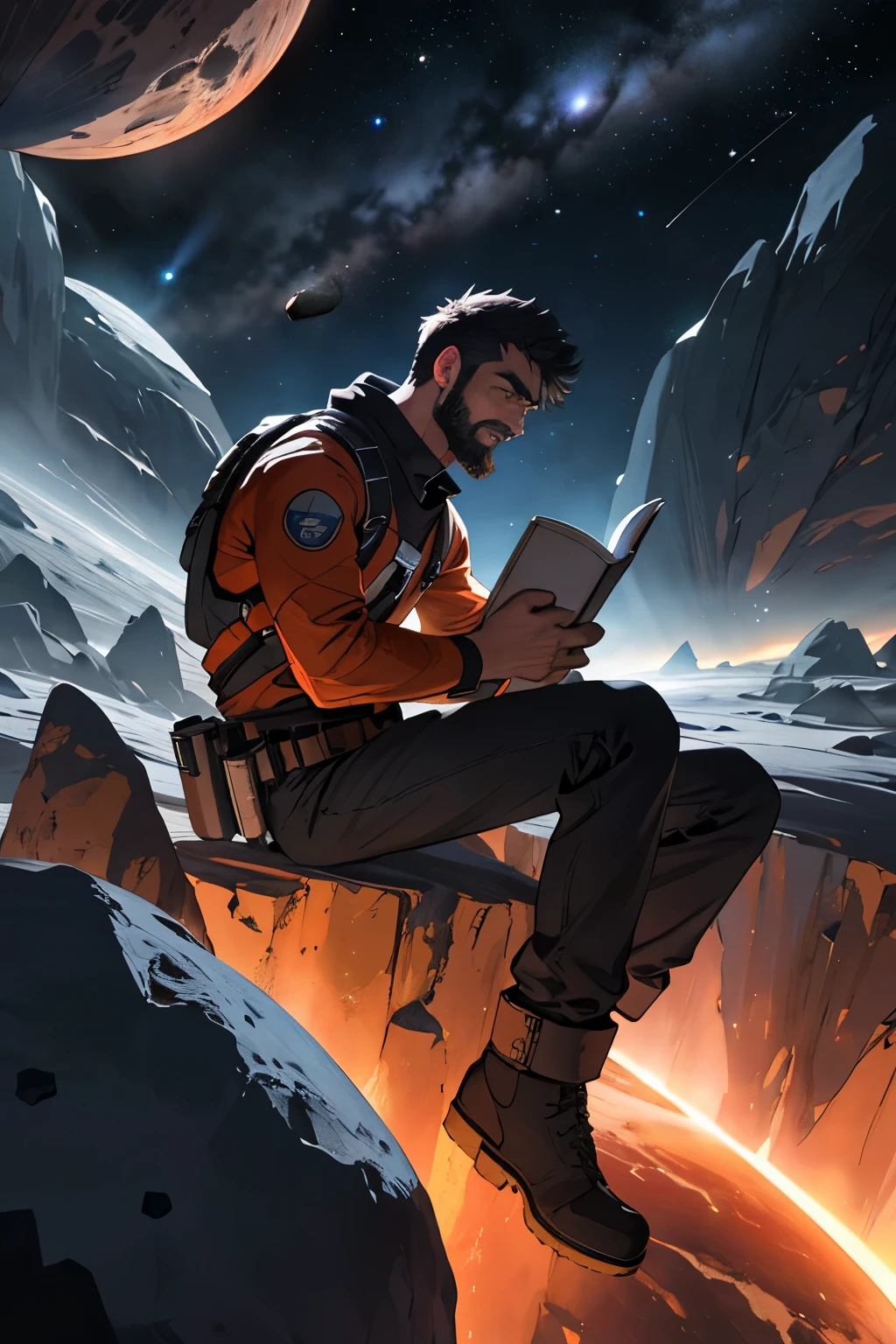 Desenhe um jovem programador, sitting on a research platform floating in the middle of an asteroid belt. He is studying with a notebook, surrounded by several asteroids glowing with fiery auras. Dramatic lighting from distant stars and planets illuminates the scene, casting deep shadows on the costume. O jovem parece confiante e determinado, looking at the vast and mysterious universe with awe and respect,facial hair, cowboy shot,