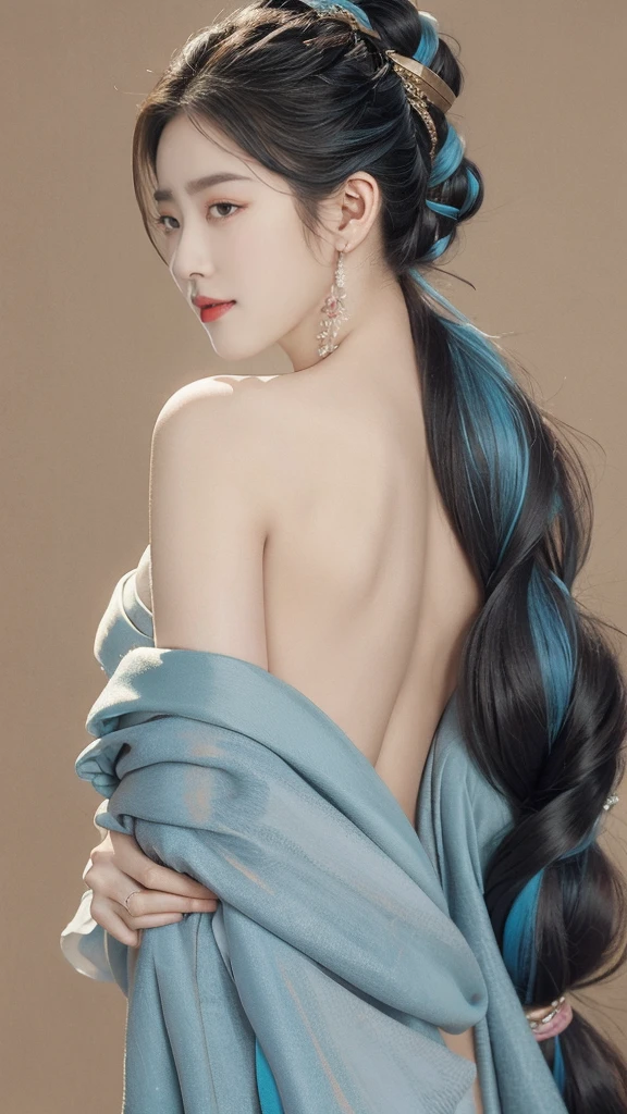 highly detailed, 8K, masterpiece, 1 girl, blue pink_hair, nude, Smile, (perfect_Face), boundary, close up, mad, exist_Back, Gorgeous, complex, dramatic lighting, 4K, detailed_Background, Caustics, full_Body, naked