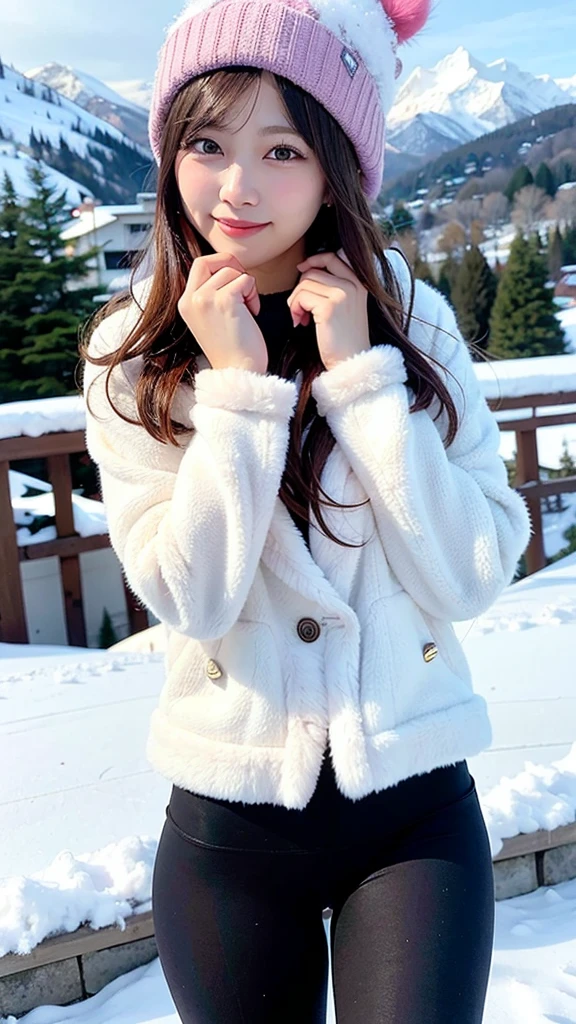 a beautiful blonde Korean girl in winter clothes in the middle of a snowy background. She wore a thick white jacket with a furry collar, a pink top, and gym tights with pink accents. The person in the photo is also wearing a pink winter hat with two fur balls on top. In the background, there are snow-covered trees and mountains. The atmosphere in the picture shows winter weather in a snowy mountain area.
