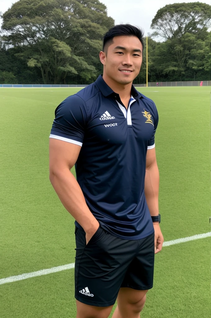 Picture of a handsome Asian rugby player with short hair, no beard, muscular body, big muscles, wearing a navy blue and black shirt, standing in the middle of the field.