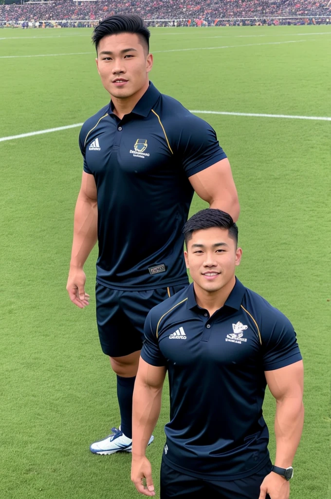 Picture of a handsome Asian rugby player with short hair, no beard, muscular body, big muscles, wearing a navy blue and black shirt, standing in the middle of the field.