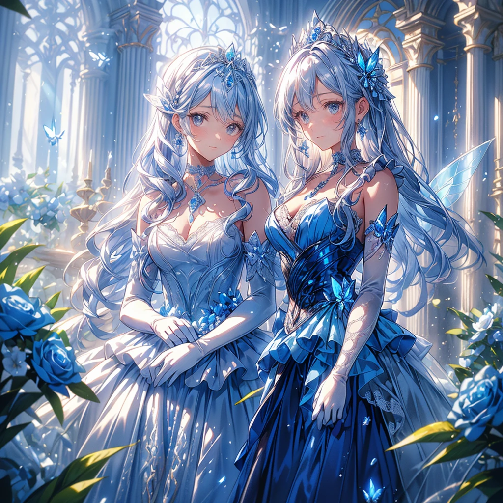 　 (exquisite, beautiful, very detailed, masterpiece, high quality, confused, High resolution, Full HD, 16k),Transparent illustration),(Interior of a baroque castle,indoor),A fairy with sapphire-colored butterfly-like wings.,(((Sapphire motif ball gown dress,Decorated with white lace, sapphire and frills))),(fairy princess),(blur the background a little),(sapphire tiara,sapphire choker,sapphire earrings),((long white gloves with lace decoration)),(small head,wavy hair)),plump plump lips, shiny appearance,Fair skin, slim,soft edge, soft lines, highly saturated colors, bright colors, Sapphire Gemstones,Blue rose,Blue petals,pastel colour