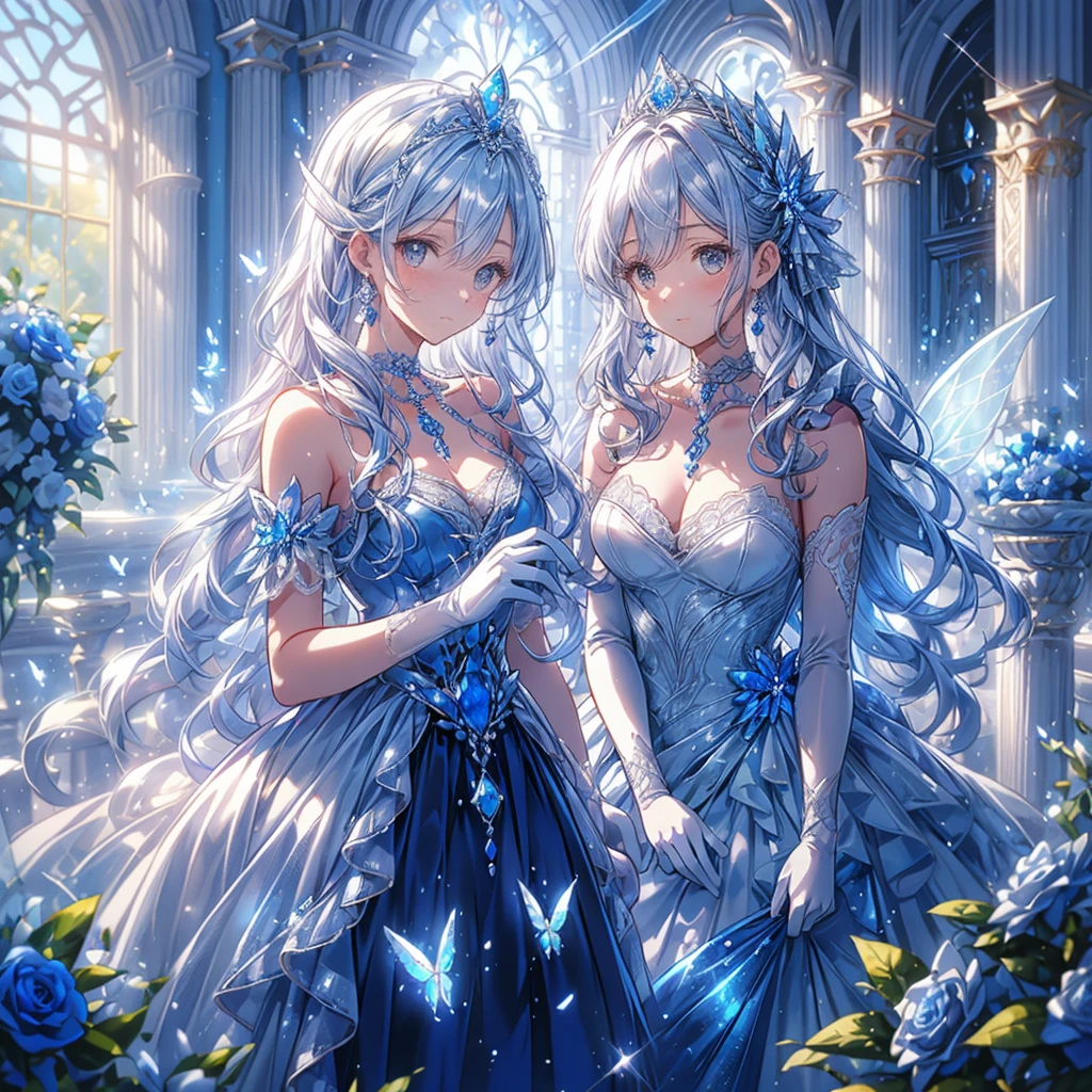 (exquisite, beautiful, very detailed, masterpiece, high quality, confused, High resolution, Full HD, 16k),Transparent illustration),(Interior of a baroque castle,indoor),A fairy with sapphire-colored butterfly-like wings.,(((Sapphire motif ball gown dress,Decorated with white lace, sapphire and frills))),(fairy princess),(blur the background a little),(sapphire tiara,sapphire choker,sapphire earrings),((long white gloves with lace decoration)),(small head,wavy hair)),plump plump lips, shiny appearance,Fair skin, slim,soft edge, soft lines, highly saturated colors, bright colors, Sapphire Gemstones,Blue rose,Blue petals,pastel colour