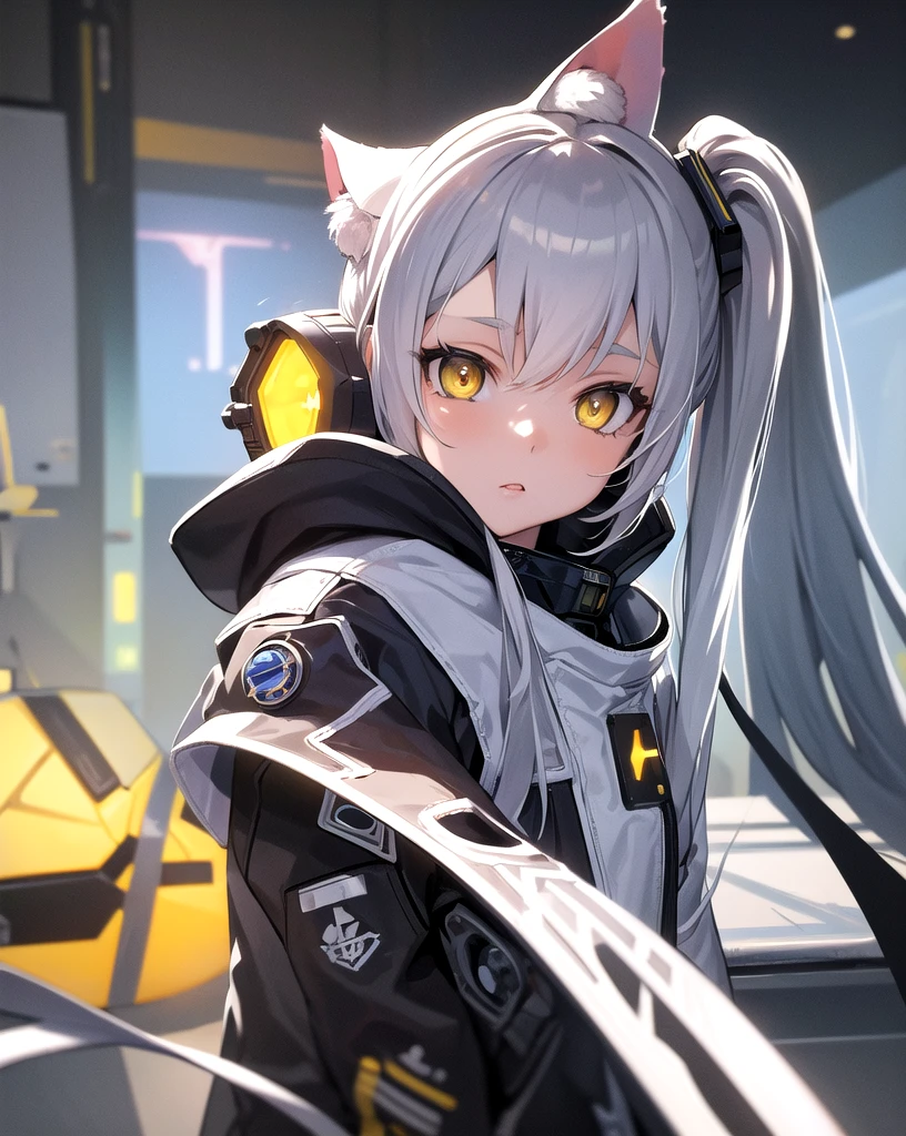 masterpiece, best quality, 1girl, spacecraft interior, spacesuit, upper body, from side, science fiction, yellow eyes, twintails, silver hair, cat ears, looking at viewer,