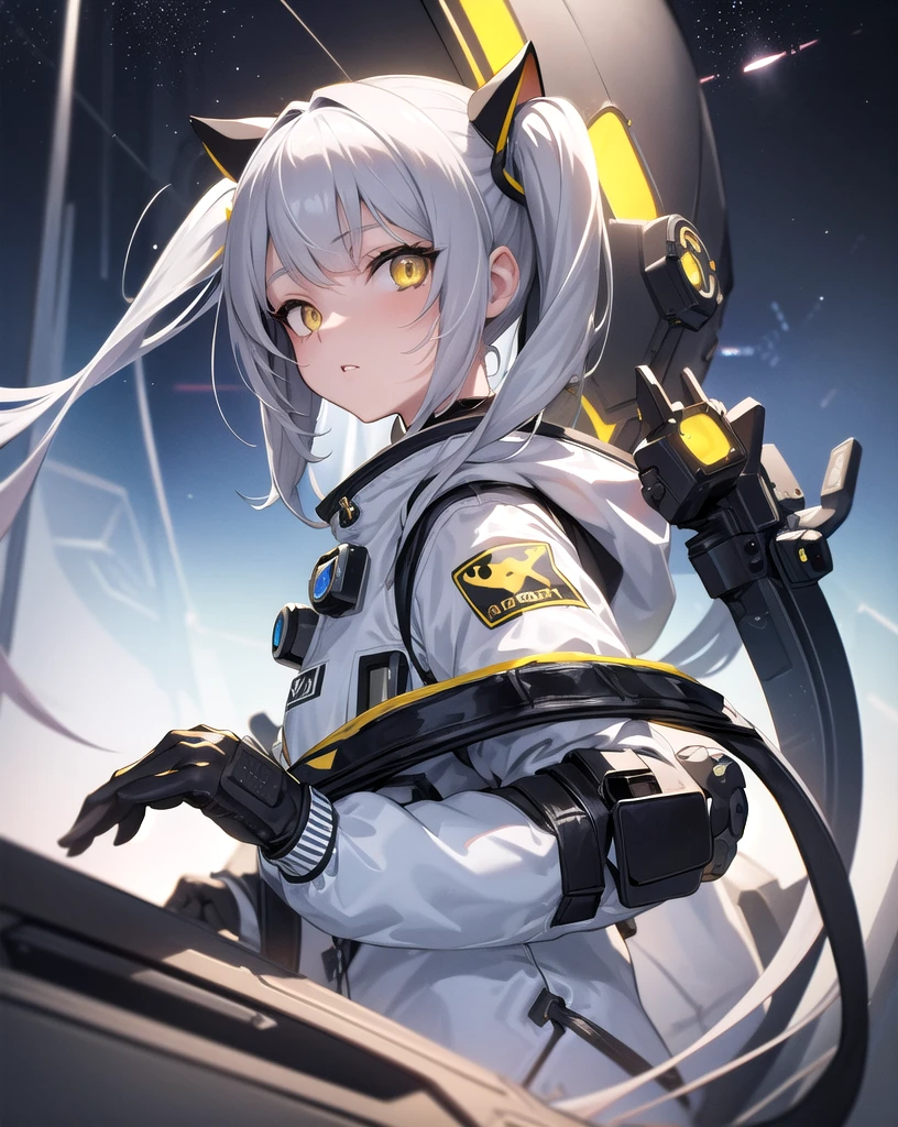 masterpiece, best quality, 1girl, spacecraft interior, spacesuit, upper body, from side, science fiction, yellow eyes, twintails, silver hair, cat ears, looking at viewer,