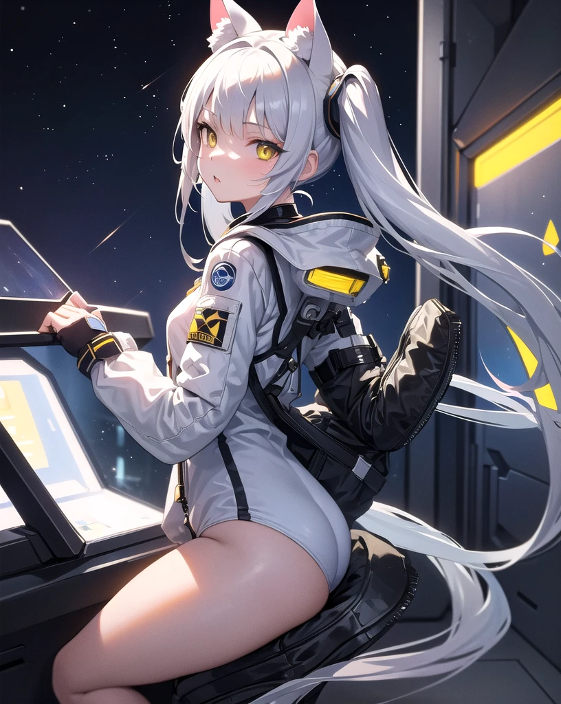 masterpiece, best quality, 1girl, (space), spacecraft, (spacesuit), upper body, from side, science fiction, yellow eyes, twintails, silver hair,