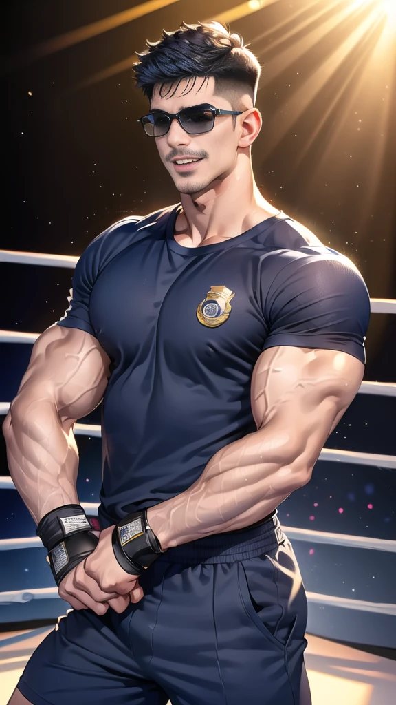 (handsome Man),(Thin mustache:1.1),(crew cut short hair:1.5),black eye,
(navy blue tight-fitting round neck short sleeve T-shirt:1.3),(Police badge:1.3),navy blue cargo pants,(navy_gloves:1,3),(navy_backpack:1.3),(sunglasses:1.3),
Korean guy,chest muscles,large arm muscles,blood vessel,Big muscles,Broad shoulders,(open mouth:1.2),(face up:1.2),(open eyes:1.5),middle of the road,smile,(boxing ring:1.4),