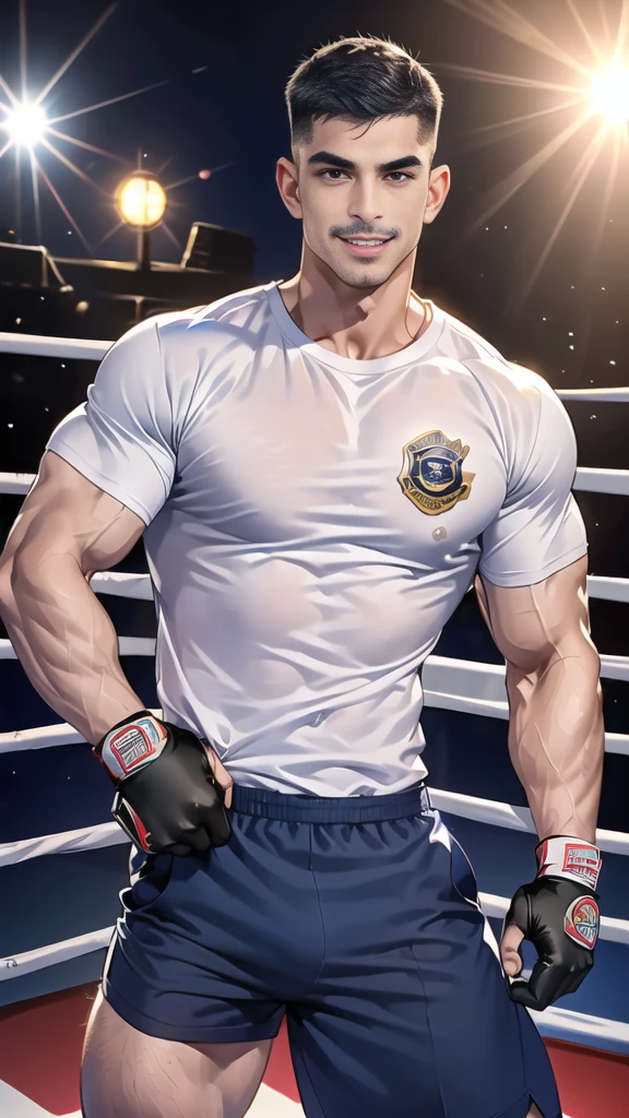 (handsome Man),(Thin mustache:1.1),(crew cut short hair:1.5),black eye,
(navy blue tight-fitting round neck short sleeve T-shirt:1.3),(Police badge:1.3),navy blue cargo pants,(navy_gloves:1,3),(navy_backpack:1.3),(sunglasses:1.3),
Korean guy,chest muscles,large arm muscles,blood vessel,Big muscles,Broad shoulders,(open mouth:1.2),(face up:1.2),(open eyes:1.5),middle of the road,smile,(boxing ring:1.4),