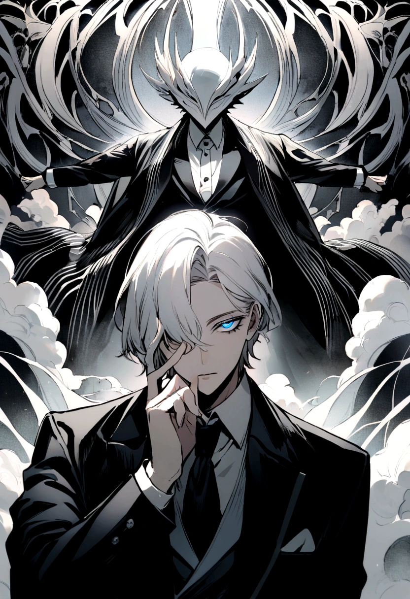 A young boy, donned in an elegant black suit reminiscent of classic mafia attire, occupies the scene's central focus. His silver hair gleams brightly, creating a striking contrast with his dark attire. A white mask cloaks his face, leaving only his eyes to pierce the darkness. These eyes are a mesmerizing shade of blue, shining brightly with an unwavering stern gaze. The background is a stark black and white pattern, adding a sense of intensity to the image.