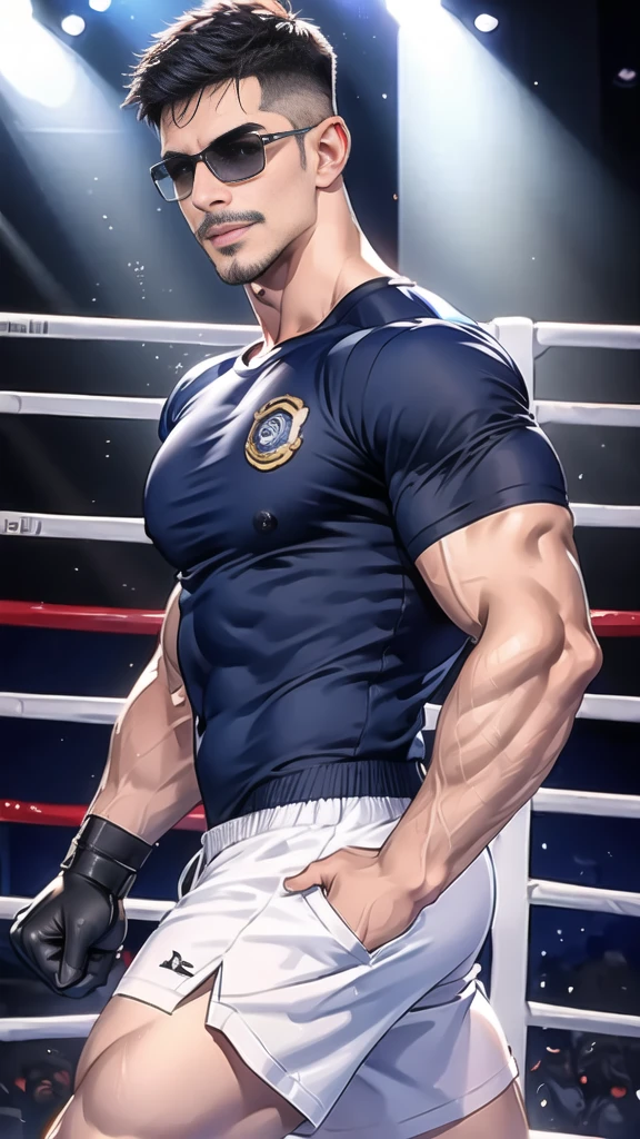 (handsome Man),(Thin mustache:1.1),(crew cut short hair:1.5),black eye,
(navy blue tight-fitting round neck short sleeve T-shirt:1.3),(Police badge:1.3),navy blue cargo pants,(navy_gloves:1,3),(navy_backpack:1.3),(sunglasses:1.3),
Korean guy,chest muscles,large arm muscles,blood vessel,Big muscles,Broad shoulders,(open mouth:1.2),(face up:1.2),(open eyes:1.5),middle of the road,smile,(boxing ring:1.4),