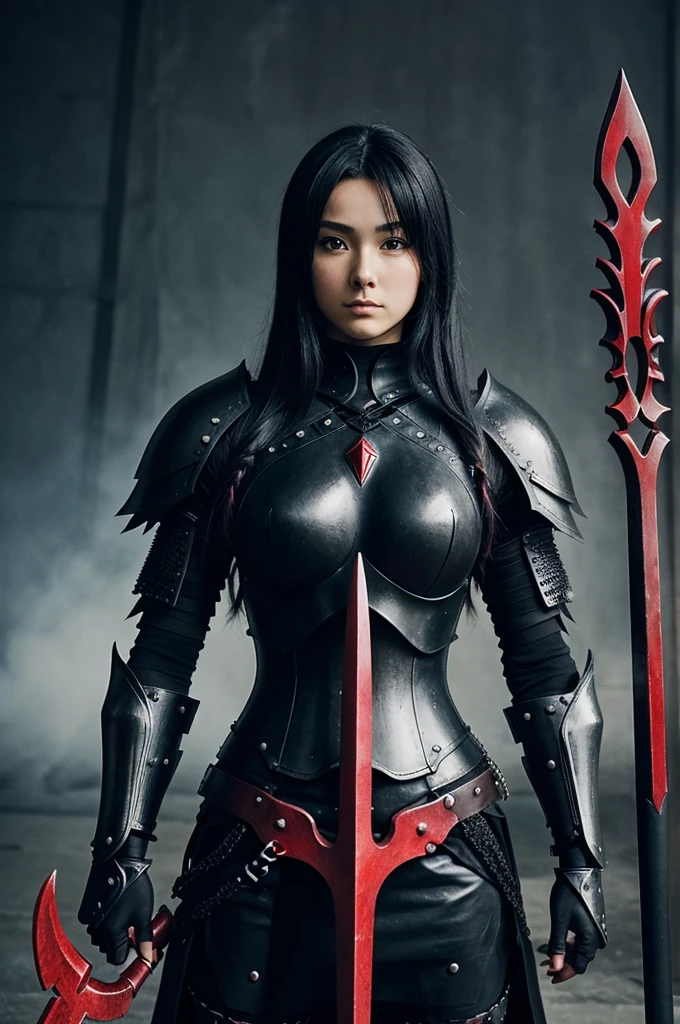 ((Anime style)) A warrior wearing black armour, holding a black and red trident