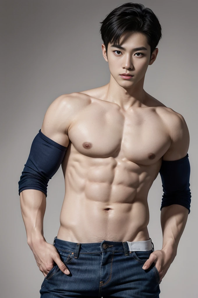 young korean man , 1 boy, white skin , Fine skin, 1 boy, ((realistic)), abdomen, good light quality, muscle veins, ((Pale skin)), football player, (Masterpiece, Special quality, high resolution, 8K, complicated:1.2), (detailed face:1.2), handsome, , Embossed, 1 boy,alone, look at viewer, Balancing the eyes, , (Make eye contact), , shirtless, With super tight navy blue jeans., big Embossed