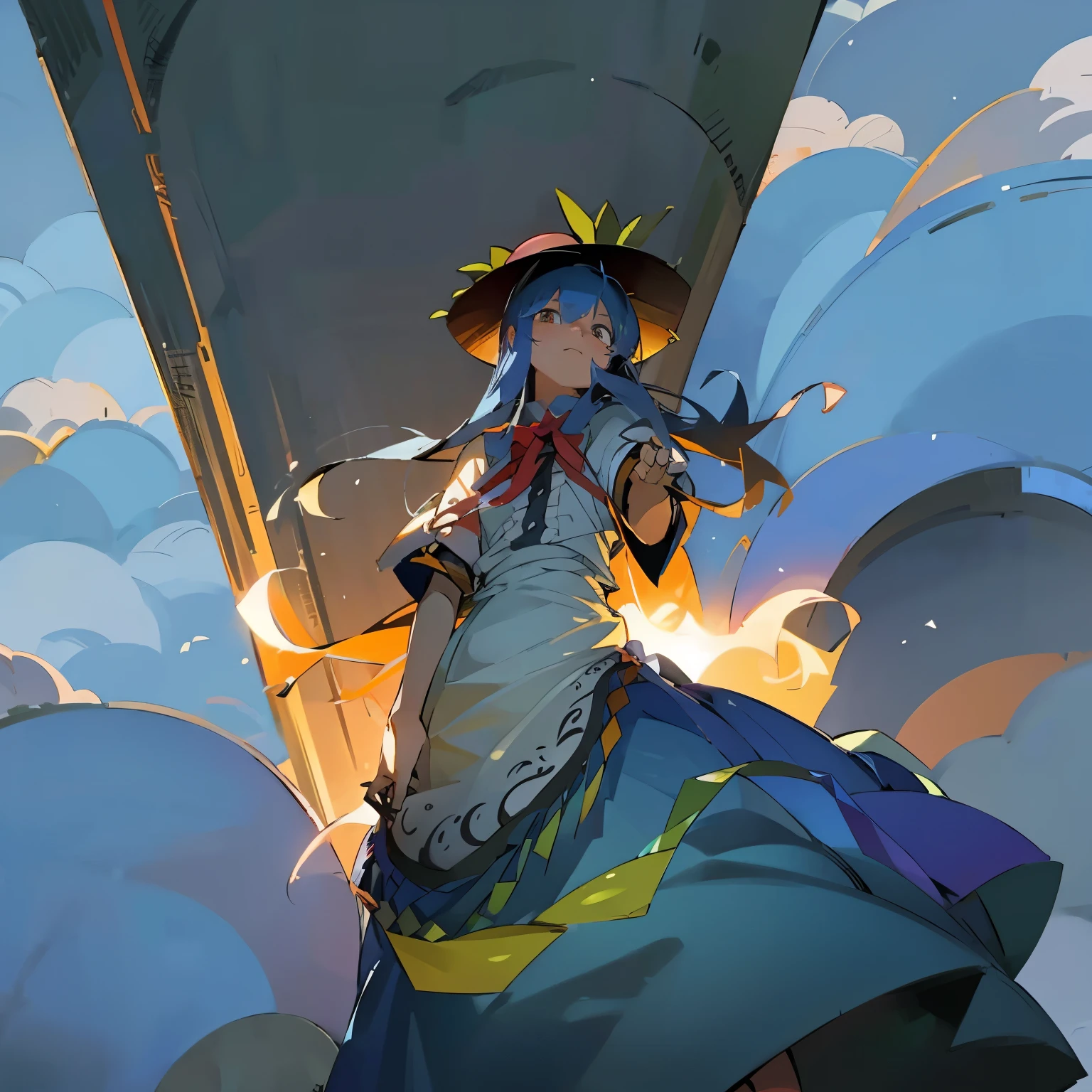 hinanawi tenshi, looking straight at himself, with one hand raised up and glowing. The sky is cloudy,