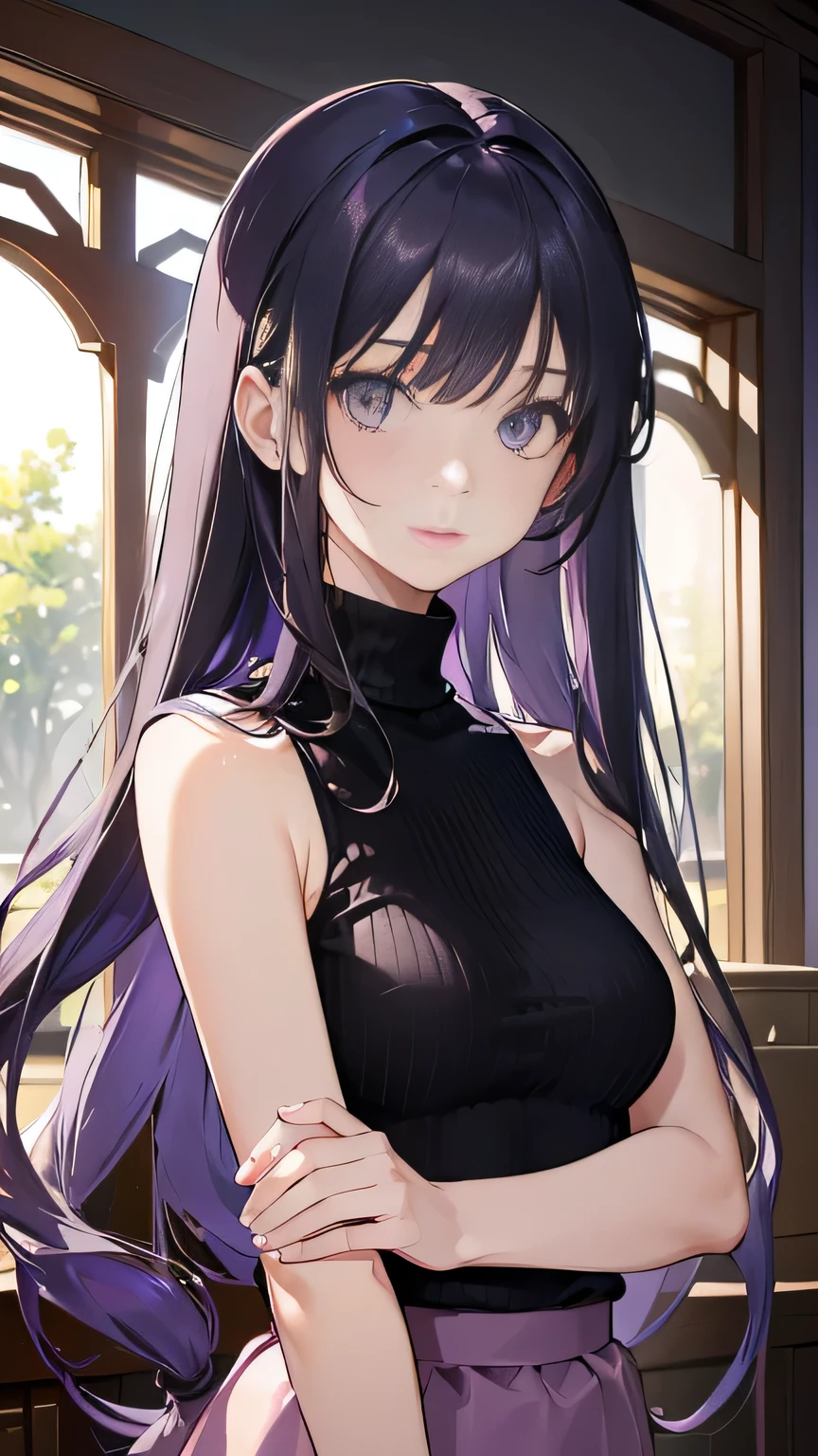 ((masterpiece)), accurate, high details, (detailed eyes), best quality, highres, super detail, Turtleneck sweater, sleeveless, flare skirt, (lavender colored clothing), black hair, long hair, straight hair, mole under eye, Inside the room, afternoon sun