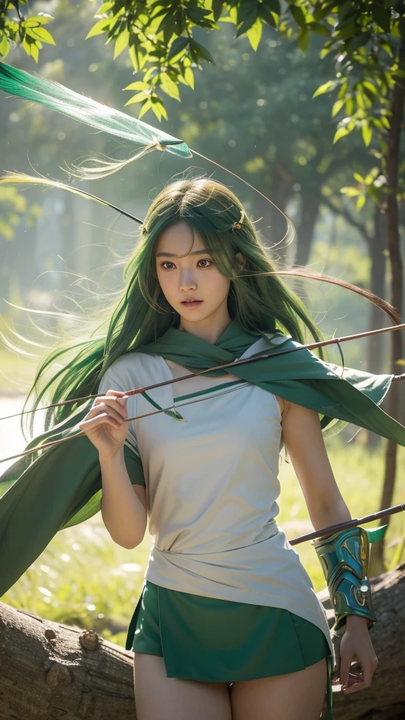 realisitic, 4K, High definition, Fuu is an exemplary student, with green hair that resembles tree leaves. Your brown eyes are always curious and observant. As the Wind Magic Warrior, your green armor is light and aerodynamic. She wields a bow with precision, shooting arrows that cut through the air like gusts of wind.