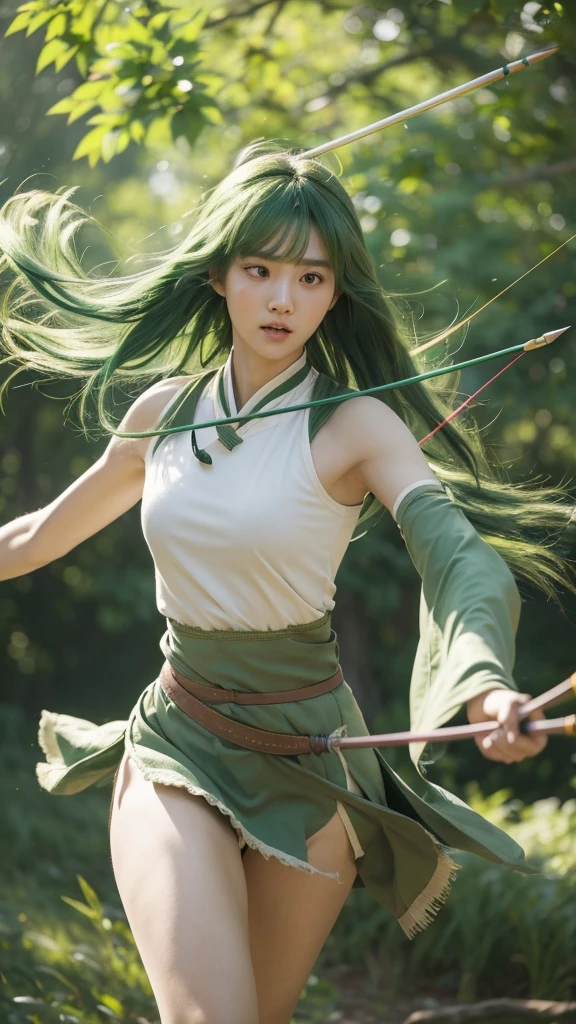 realisitic, 4K, High definition, Fuu is an exemplary student, with green hair that resembles tree leaves. Your brown eyes are always curious and observant. As the Wind Magic Warrior, your green armor is light and aerodynamic. She wields a bow with precision, shooting arrows that cut through the air like gusts of wind.