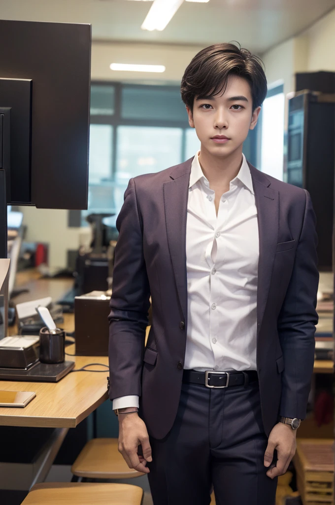 New employee, very handsome, 20 years old.、　（A really cool S-class guy in a suit.）、　เด็กชายJapanอายุ 20 ปี、　businessman、　Luxurious suit、　brown suit、　office、　Standing in a suitＳHandsome young man、　full body photo、　（ภาพถ่ายที่มีรายละเอียดhighของ CG Unity 8K）、　（มีรายละเอียดhighＳhandsome man in class）、　（Real photos）、　　（（คุณภาพhighสุด））、　very detailed、　（Masterpiece）、　คุณภาพของภาพที่highเป็นพิเศษ、　high、　viewer、　gentle man、　I'm beautiful.、　short hair、　Vivid photos、　Handsome like a model、　Handsome like an idol、　Luxury watches、　Cold Belt、　Japan