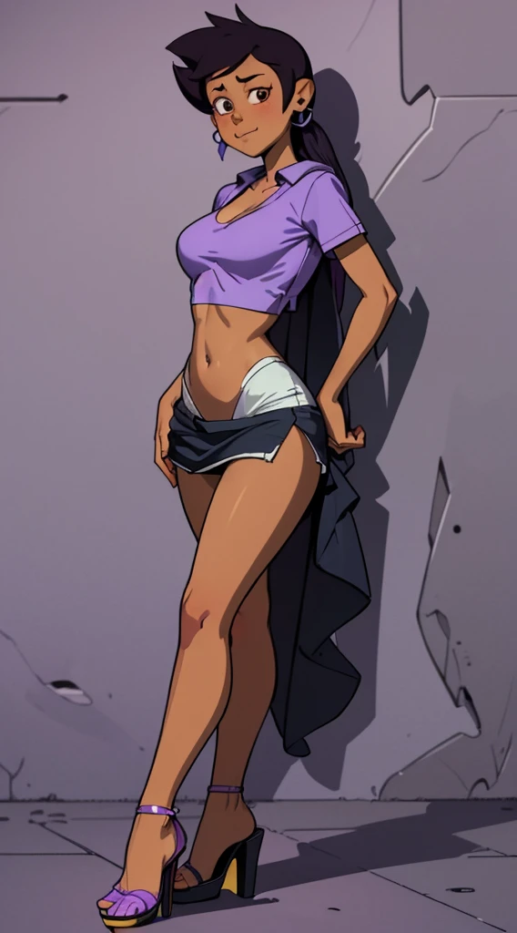 Luz Noceda, massive breasts, cleavage, ((purple and white small shirt and a black stripped miniskirt)), high quality fanart, open legs Style, official fanart, , official art, (nsfw), barefoot, ((open-toe platform high heels))