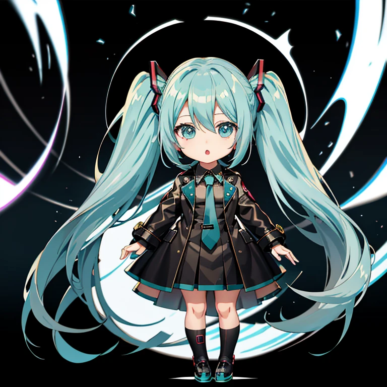 Black Trench Coat, Hatsune Miku, (chibi:1.5), full body, Big Eyes, (masterpiece), highest quality