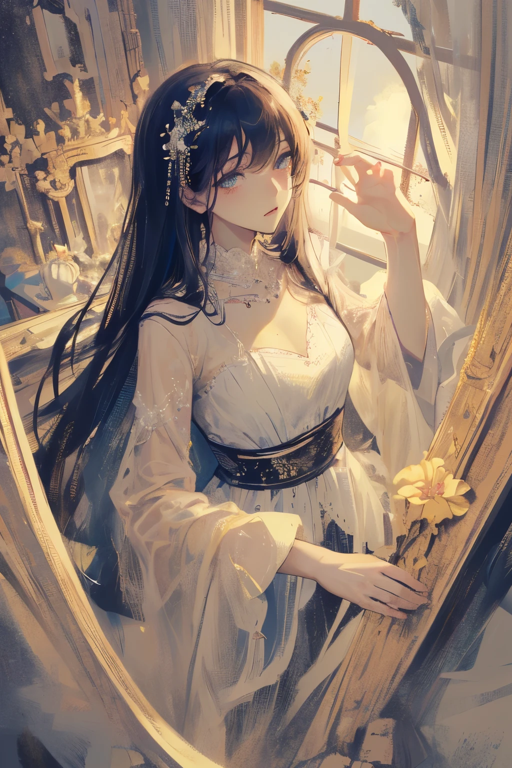 ((masterpiece, superb, Very detailed, high resolution)), Solitary, beautiful girl, Bright Eyes, Perfect eyes, , Black and white gold theme,