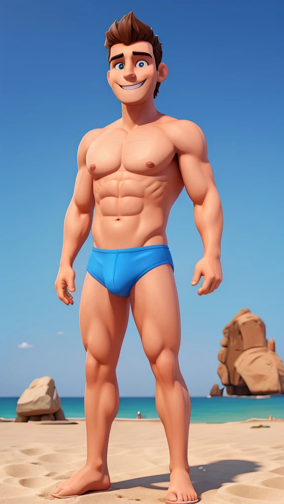 Create 3D men wearing speedos, musculosos, Grinning