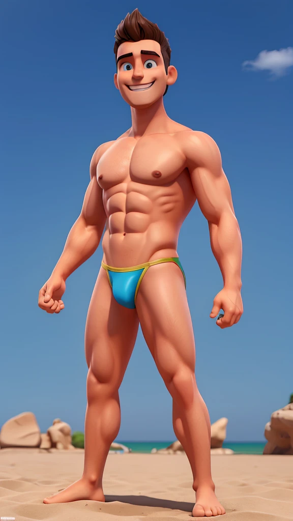 Create 3D men wearing speedos, musculosos, Grinning 

