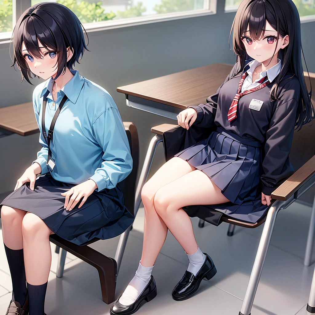 The black haired boy is wearing school clothes again with the black haired girl wearing school clothes Battery Sitting together in class
