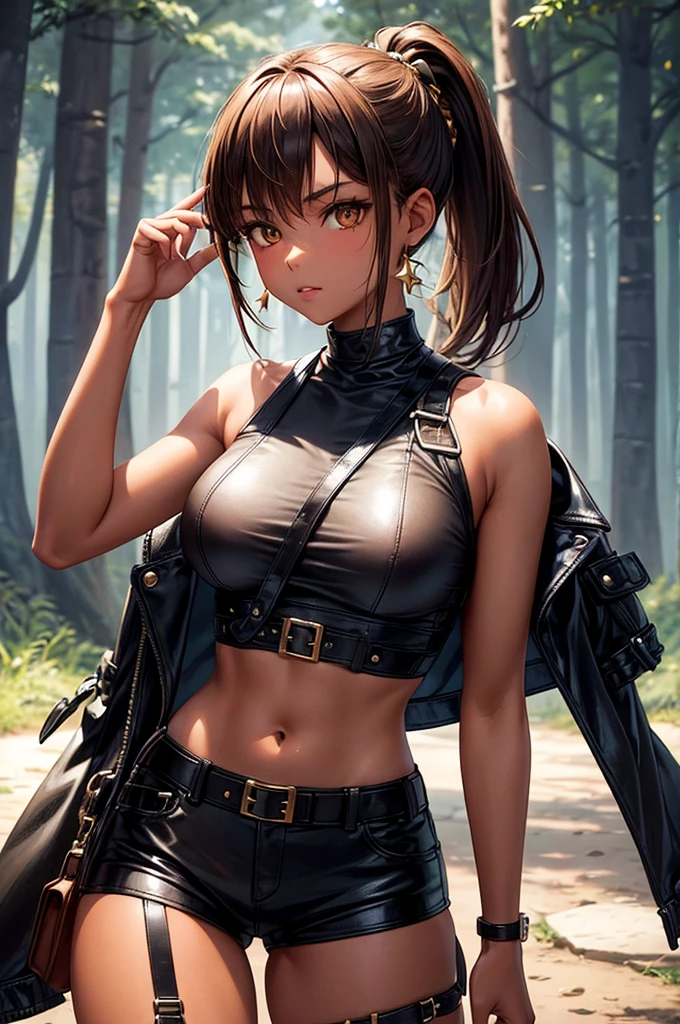 teenage female, short brown ponytail, golden eyes, tanned skin, no breasts!!! - she's wearing a leather harness, white sleeveless t-shirt, black fabric short, leather belt, make full body - walk in the night forest, star sky. - digital art style