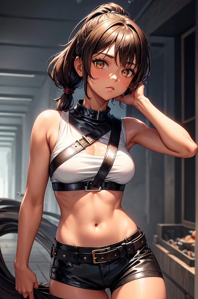 teenage female, short brown ponytail, golden eyes, tanned skin, no breasts!!! - she's wearing a leather harness, white sleeveless t-shirt, black fabric short, leather belt, make full body - walk in the night forest, star sky. - digital art style