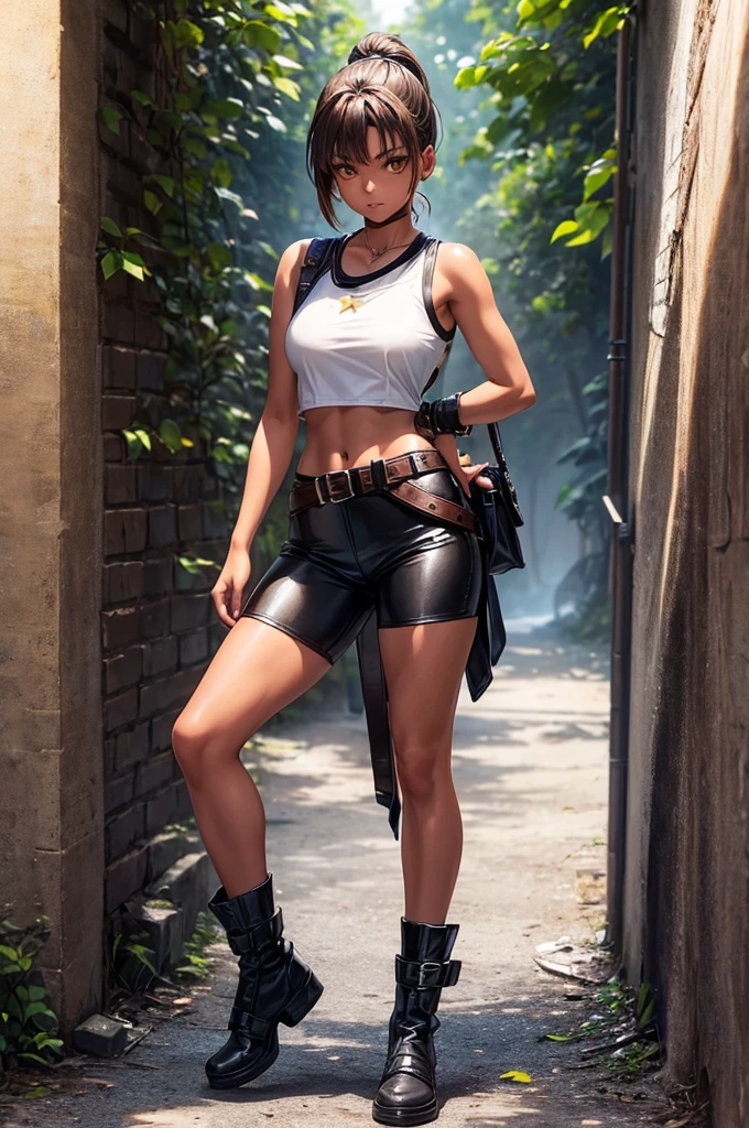 teenage female, short brown ponytail, golden eyes, tanned skin, no breasts!!! - she's wearing a leather harness, white sleeveless t-shirt, black fabric short, leather belt, make full body - walk in the night forest, star sky. - digital art style