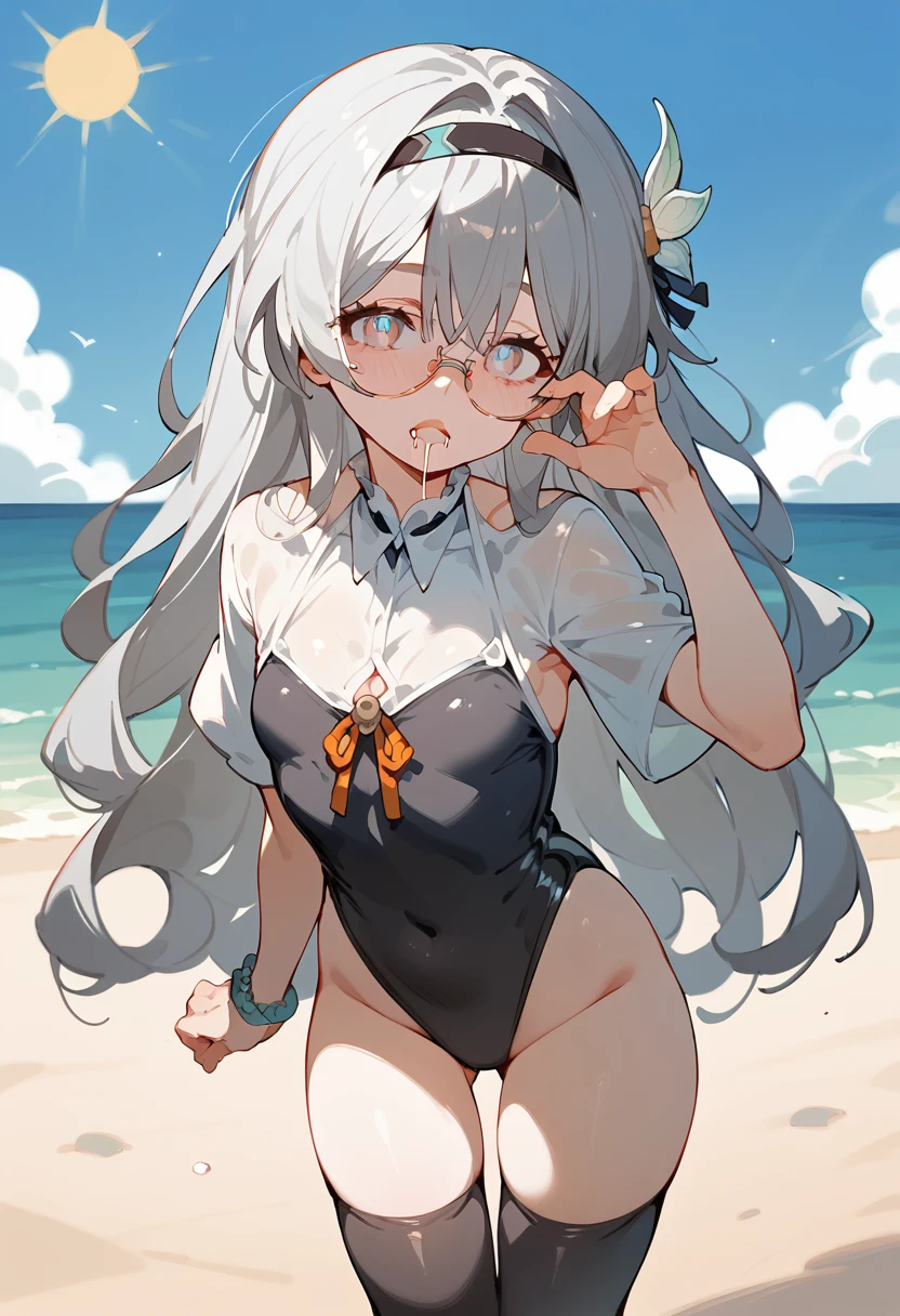 girl, hair ornament, gray hair, long hair, small breasts, thigh highs, gradient eyes, on beach, sun glasses, fellacio gesture, tounge, saliva, drooling, tight clothes,