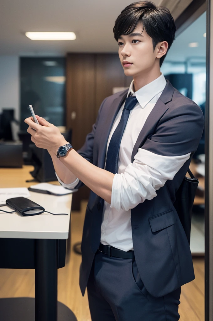 New employee, very handsome, 20 years old.、 (A really cool S-class guy in a suit.)、 เด็กชายJapanอายุ 20 ปี、 businessman、 Luxurious suit、 brown suit、 office、 Standing in a suitSHandsome young man、 full body photo、 (ภาพถ่ายที่มีรายละเอียดhighของ CG Unity 8K)、 (มีรายละเอียดhighShandsome man in class)、 (Real photos)、 ((คุณภาพhighสุด))、 very detailed、 (Masterpiece)、 คุณภาพของภาพที่highเป็นพิเศษ、 high、 viewer、 gentle man、 I'm beautiful.、 short hair、 Vivid photos、 Handsome like a model、 Handsome like an idol、 Luxury watches、 Cold Belt、 Japan
