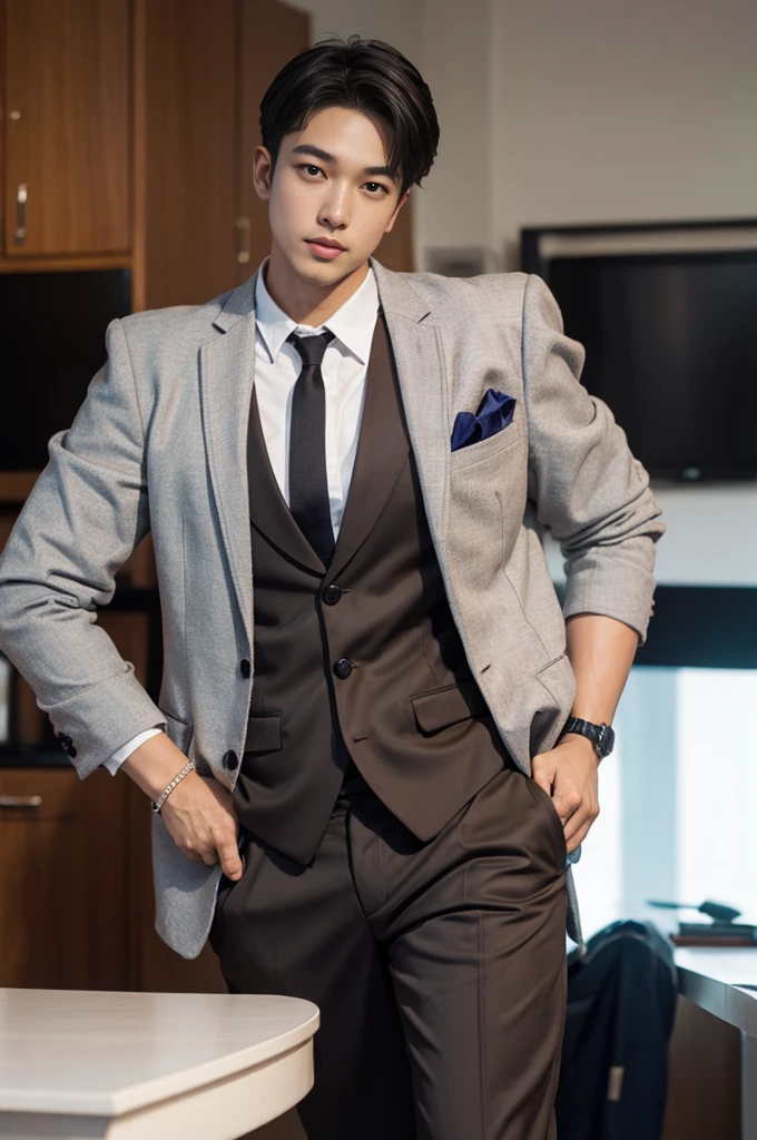 New employee, very handsome, 20 years old.、　（A really cool S-class guy in a suit.）、　เด็กชายJapanอายุ 20 ปี、　businessman、　Luxurious suit、　brown suit、　office、　Standing in a suitＳHandsome young man、　full body photo、　（ภาพถ่ายที่มีรายละเอียดhighของ CG Unity 8K）、　（มีรายละเอียดhighＳhandsome man in class）、　（Real photos）、　　（（คุณภาพhighสุด））、　very detailed、　（Masterpiece）、　คุณภาพของภาพที่highเป็นพิเศษ、　high、　viewer、　gentle man、　I'm beautiful.、　short hair、　Vivid photos、　Handsome like a model、　Handsome like an idol、　Luxury watches、　Cold Belt、　Japan