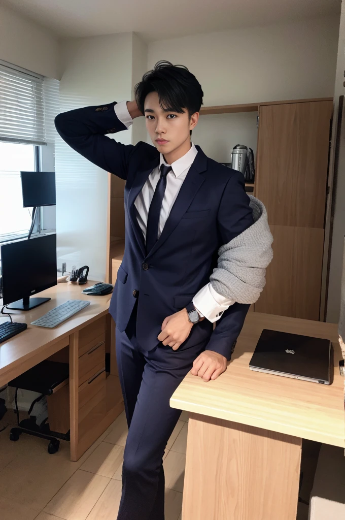 New employee, very handsome, 20 years old.、　（A really cool S-class guy in a suit.）、　เด็กชายJapanอายุ 20 ปี、　businessman、　Luxurious suit、　brown suit、　office、　Standing in a suitＳHandsome young man、　full body photo、　（ภาพถ่ายที่มีรายละเอียดhighของ CG Unity 8K）、　（มีรายละเอียดhighＳhandsome man in class）、　（Real photos）、　　（（คุณภาพhighสุด））、　very detailed、　（Masterpiece）、　คุณภาพของภาพที่highเป็นพิเศษ、　high、　viewer、　gentle man、　I'm beautiful.、　short hair、　Vivid photos、　Handsome like a model、　Handsome like an idol、　Luxury watches、　Cold Belt、　Japan