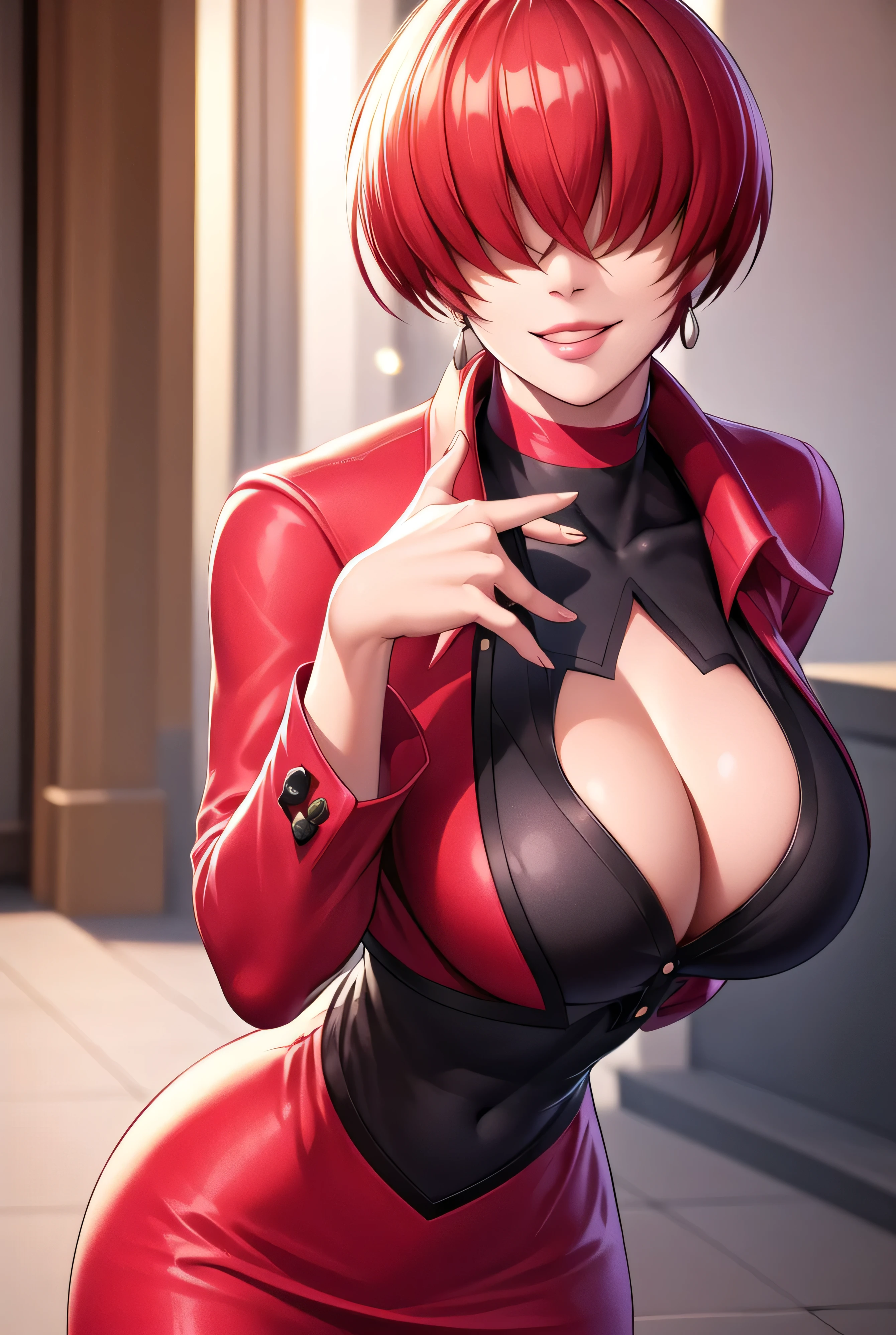 ,
Red outfit,Red jacket,choker, cleavage cutout, clothing cutout, 
earrings,
Red hair,bangs,((hair over eyes)),
1 girl, 20yo,Young female,Beautiful Finger,Beautiful long legs,Beautiful body,Beautiful Nose,Beautiful character design, evil face,
looking down at viewer,(Focus on her face),too evil_Smile,
official art,extremely detailed CG unity 8k wallpaper, perfect lighting,Colorful, Bright_Front_face_Lighting,shiny skin,
(masterpiece:1.0),(best_quality:1.0), ultra high res,4K,ultra-detailed,
photography, 8K, HDR, highres, absurdres:1.2, Kodak portra 400, film grain, , bokeh:1.2, lens flare, (vibrant_color:1.2),professional photograph,
(Beautiful,large_Breasts:1.4), (beautiful_face:1.5),(narrow_waist),conceit,smile worst,worst ridecule,evil moukery,hand on hip,upper body,two hand,