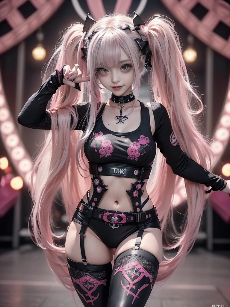 (Full Body View:1.2)、(lotus position:1.1)、(Smiling with teeth showing:1.3),(Shibuya Gal:1.5)、(Gothic Lolita style fashion:1.5)、(Punk RockVisual Kei:1.5)、(Wearing a rhythmic gymnastics bodysuit with intricate details:1.4)、(Racing suit and pants with intricate magenta, red and wine red decorations:1.5)、(Red, brown and white boots:1.3)、((belt))、(Numerous delicate logo marks all over the costume:1.4)、(collar:1.3)、(Striped underwear:1.5)、20-year-old、NSFW、((Highest quality、In 8K、masterpiece:1.3))、Sharp focus:1.2、(Layered Cut、Huge boobs:1.1),Beautiful woman with perfect figure:1.4、(Dancing vigorously:1.3)、Slender Abs:1.2、Highly detailed face and skin texture、Detailed eyes、double eyelid,(Twin tails:1.3)、(Pink and cream hair:1.3)、Gravure idol、(The background is the stage of the fashion show:1.3)、(Slim body:1.3),(Make your legs thinner:1.4),(clavicle:1.1)、(Thin and slim thighs:1.3)