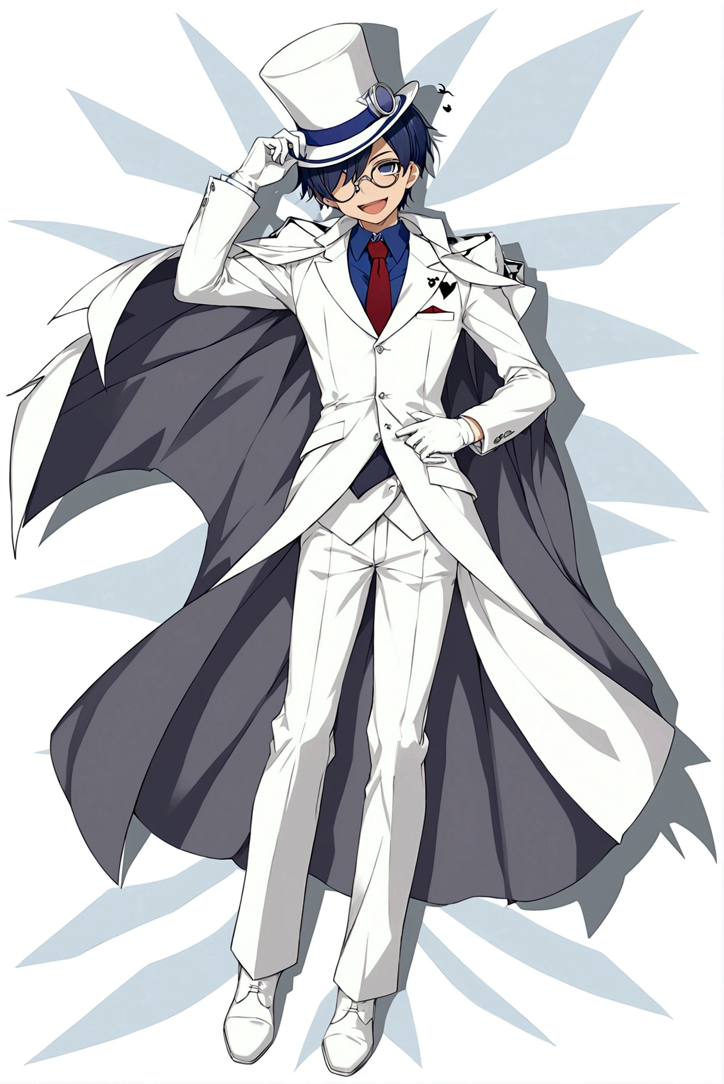 solo, smile, open mouth, gloves, 1boy, hat, full body, male focus, lying, necktie, white gloves, cape, formal, suit, dakimakura \(medium\), top hat, white cape, monocle, white suit