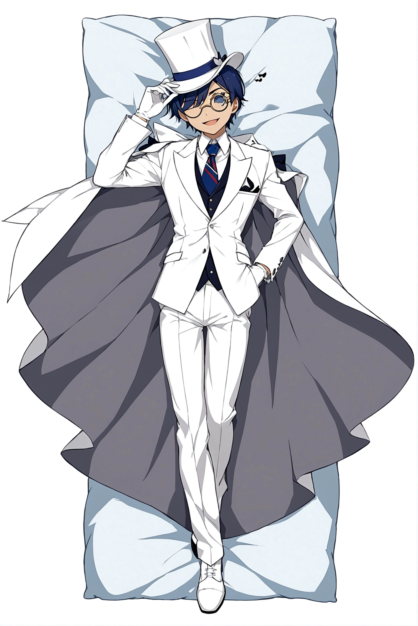 solo, smile, open mouth, gloves, 1boy, hat, full body, male focus, lying, necktie, white gloves, cape, formal, suit, dakimakura \(medium\), top hat, white cape, monocle, white suit